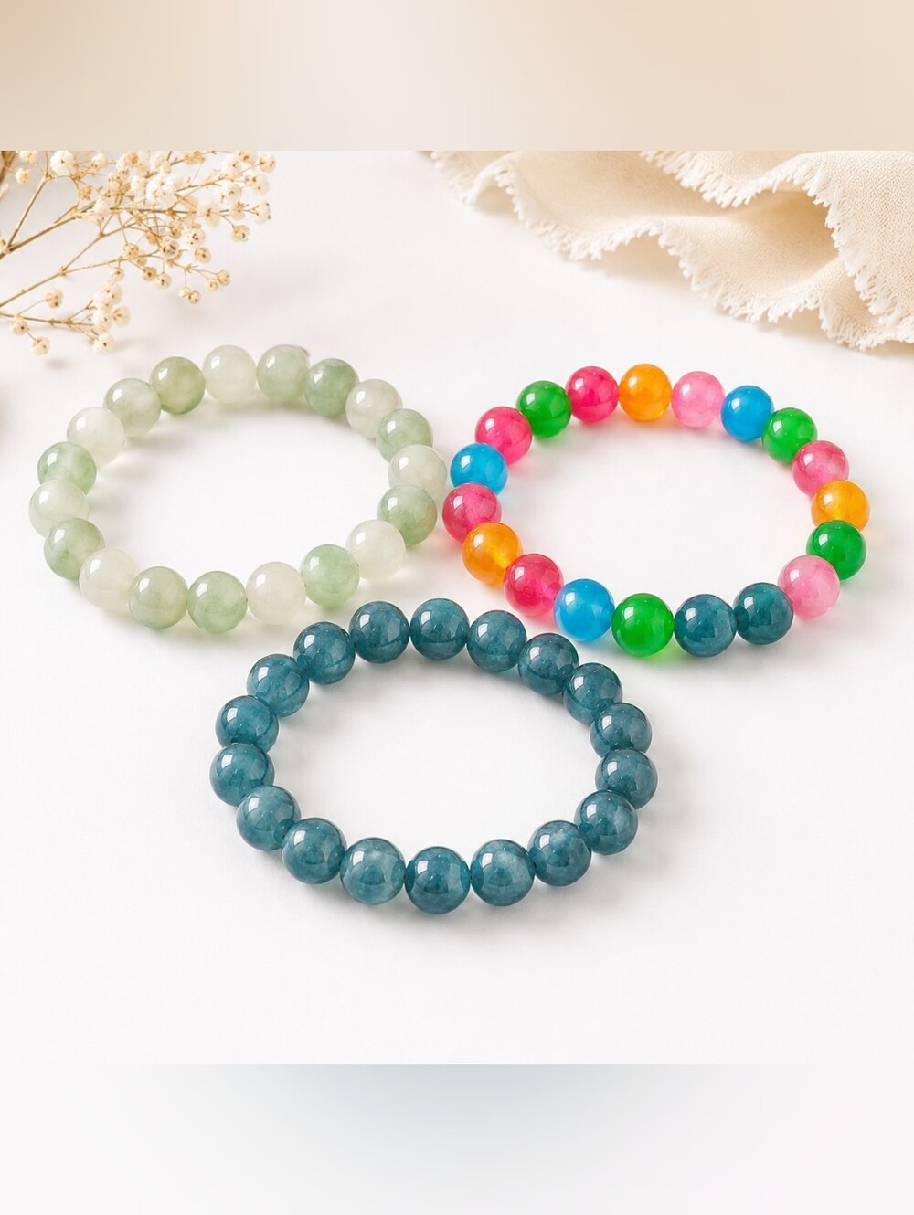 Jade/Jadite, Apatitie/Quartz, & Chalcedony Gemstone Beaded Stretch Bracelet Trio